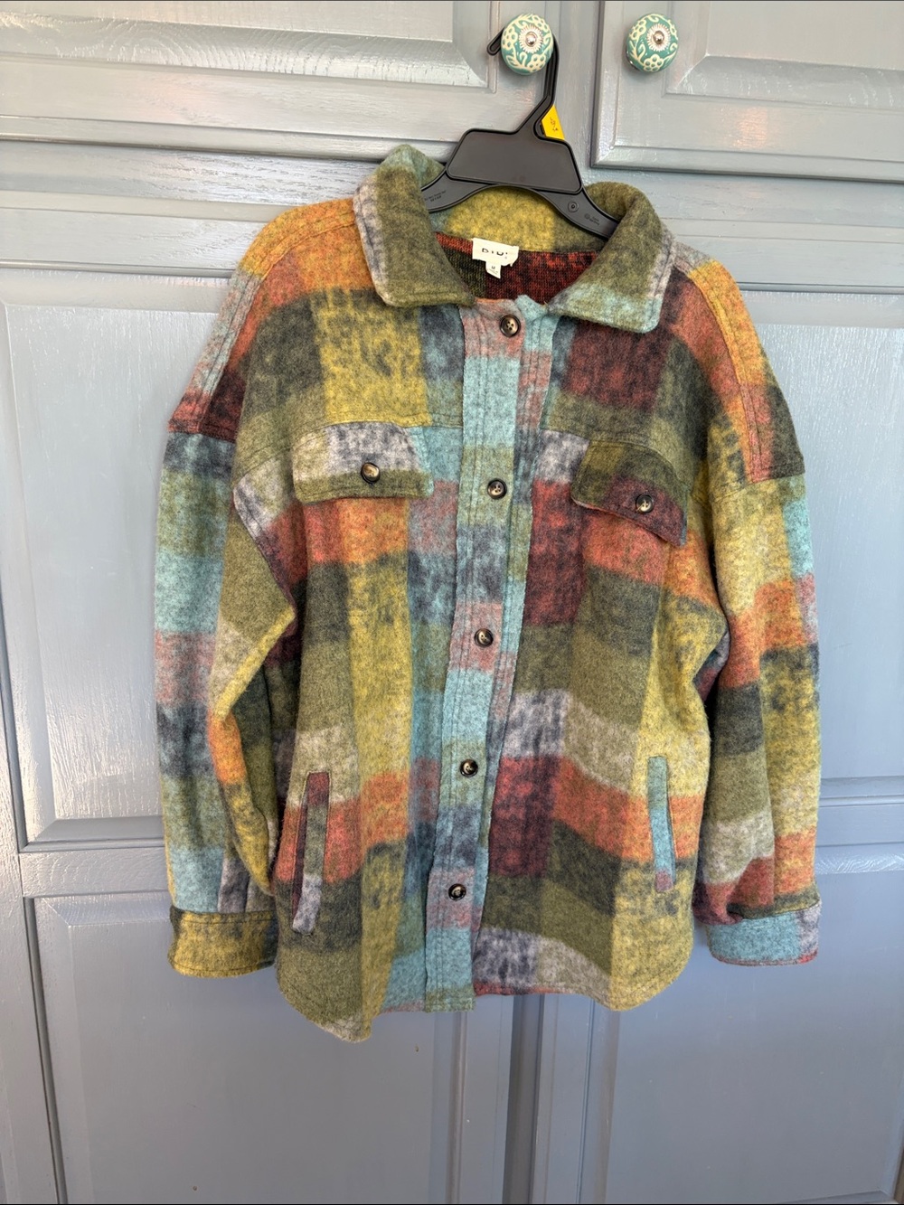 BiBi Multi-Color Plaid Teddy Jacket in Green, Blue & Rust
